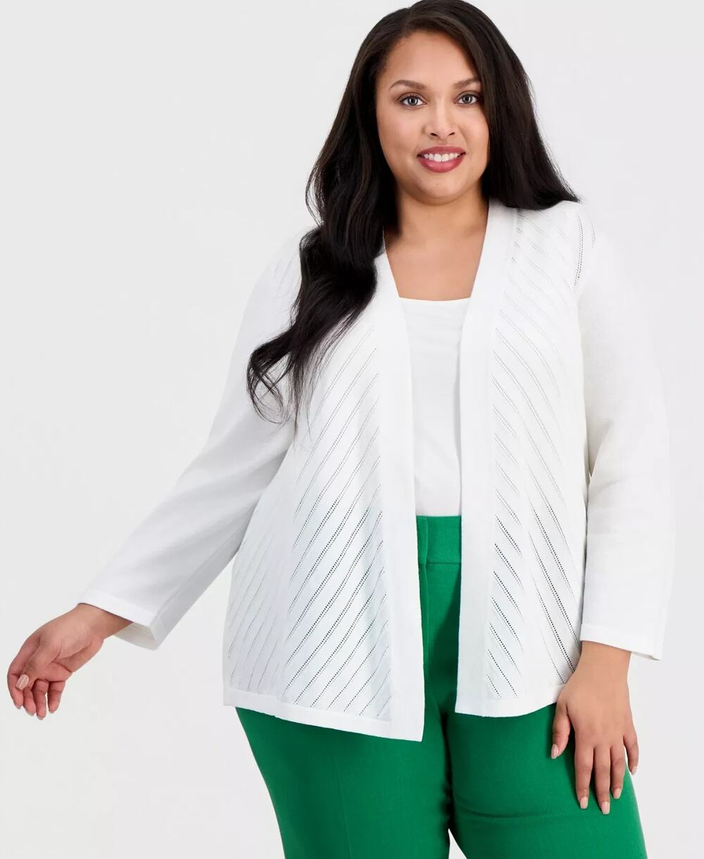 Kasper Plus Size Open-Front Long-Sleeve Cardigan Sweater White Size 1X 1936